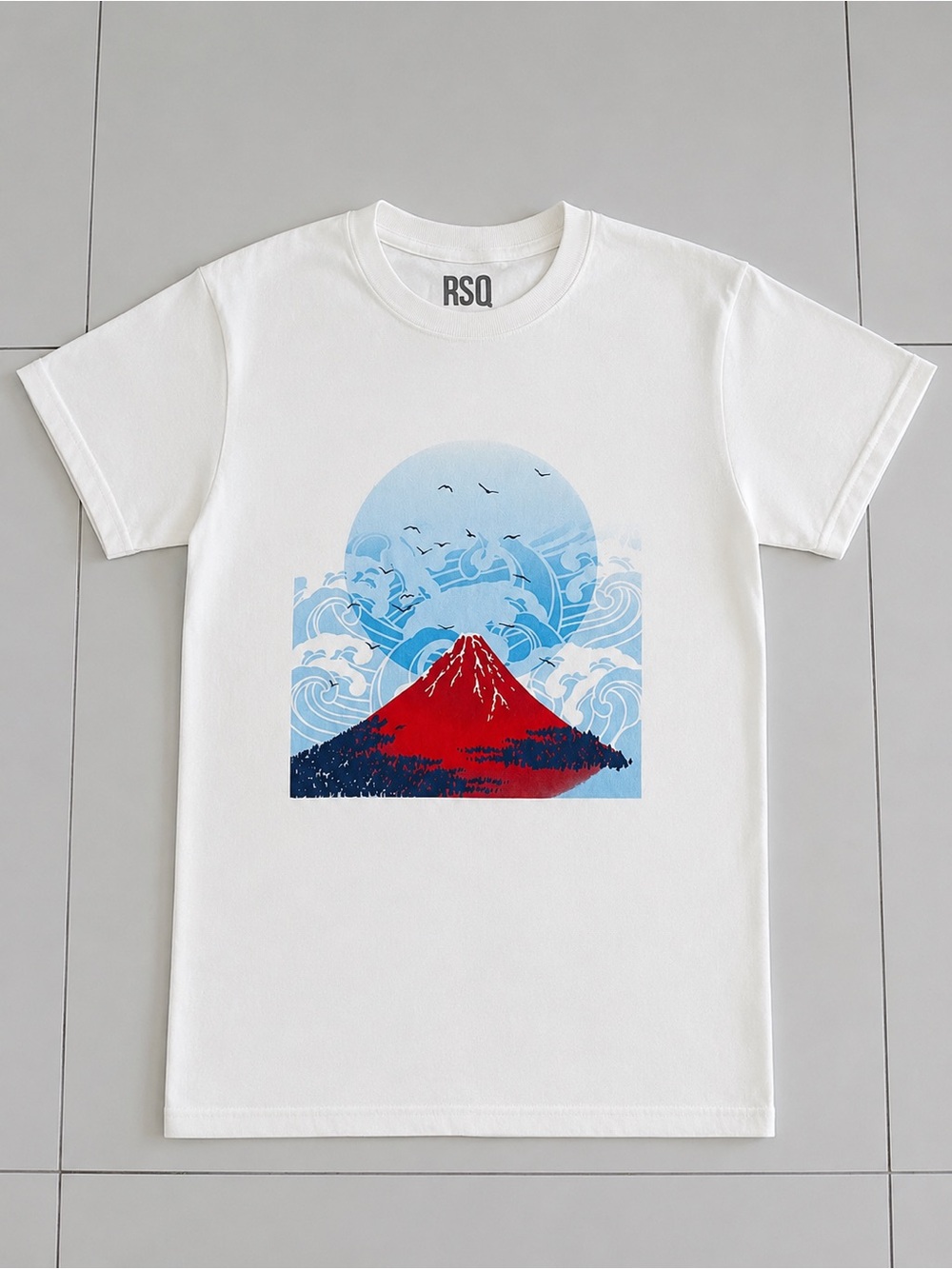 RSQ Collective Graphic T-Shirt | White Cotton Mount Fuji Wave Graphic Tee